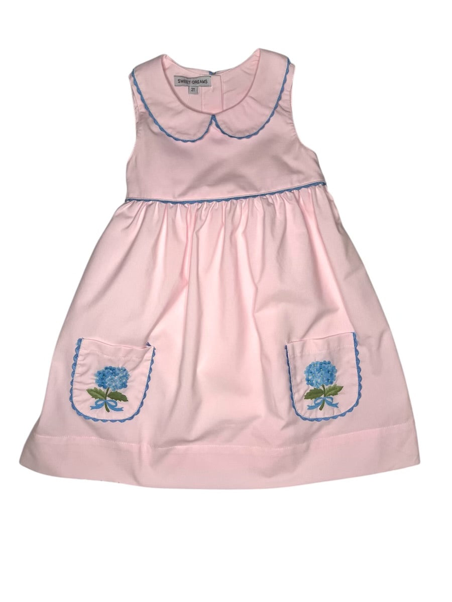 Pink Dress w/ Embroidered Blue Hydrangea