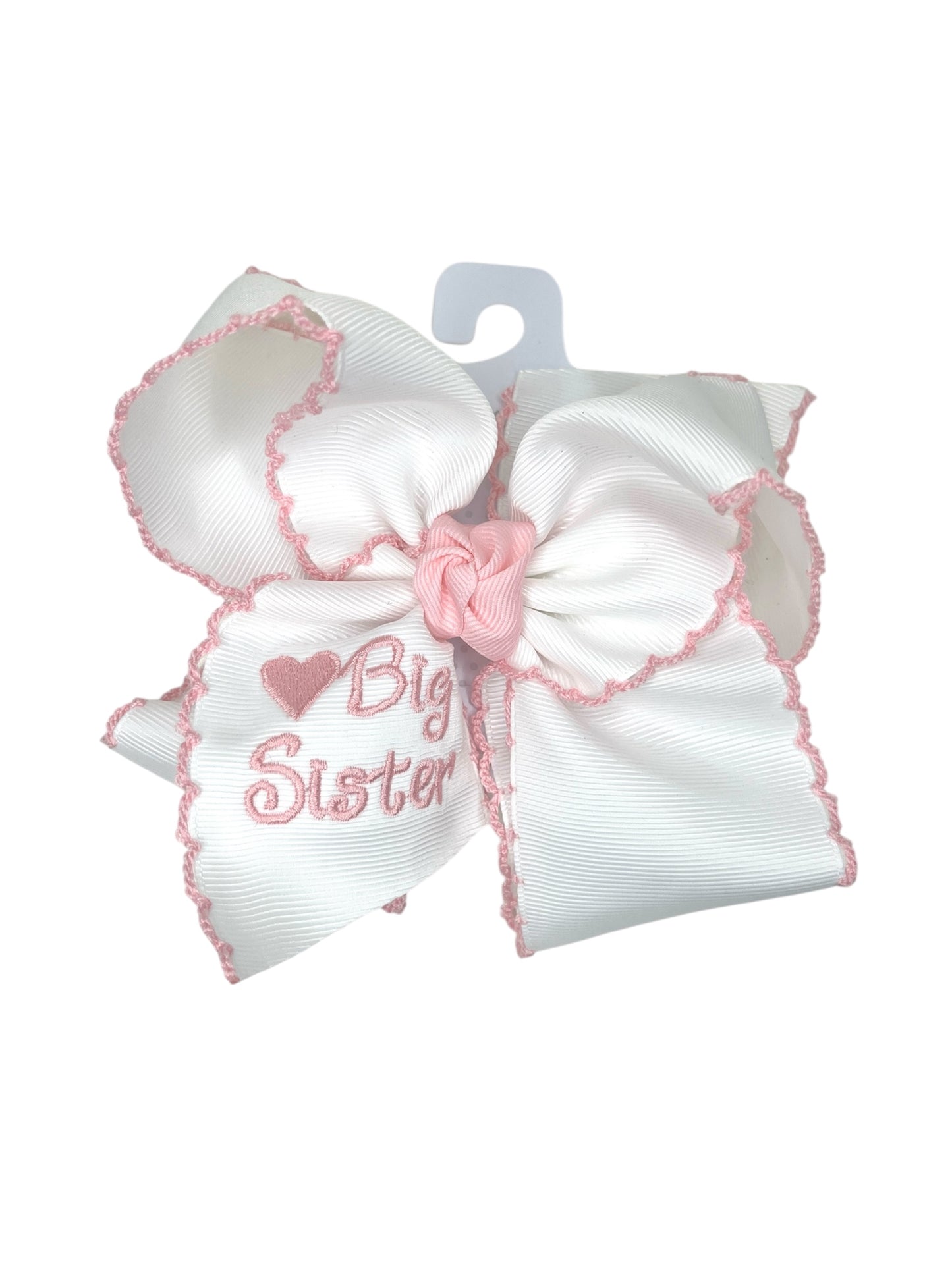 Embroidered Big Sister Hair Bow - Pink