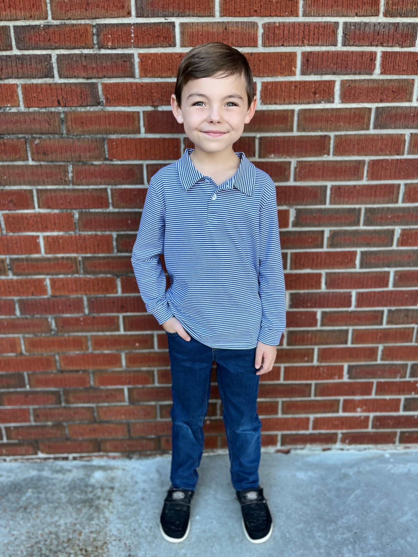 Boys Navy Striped L/S Polo