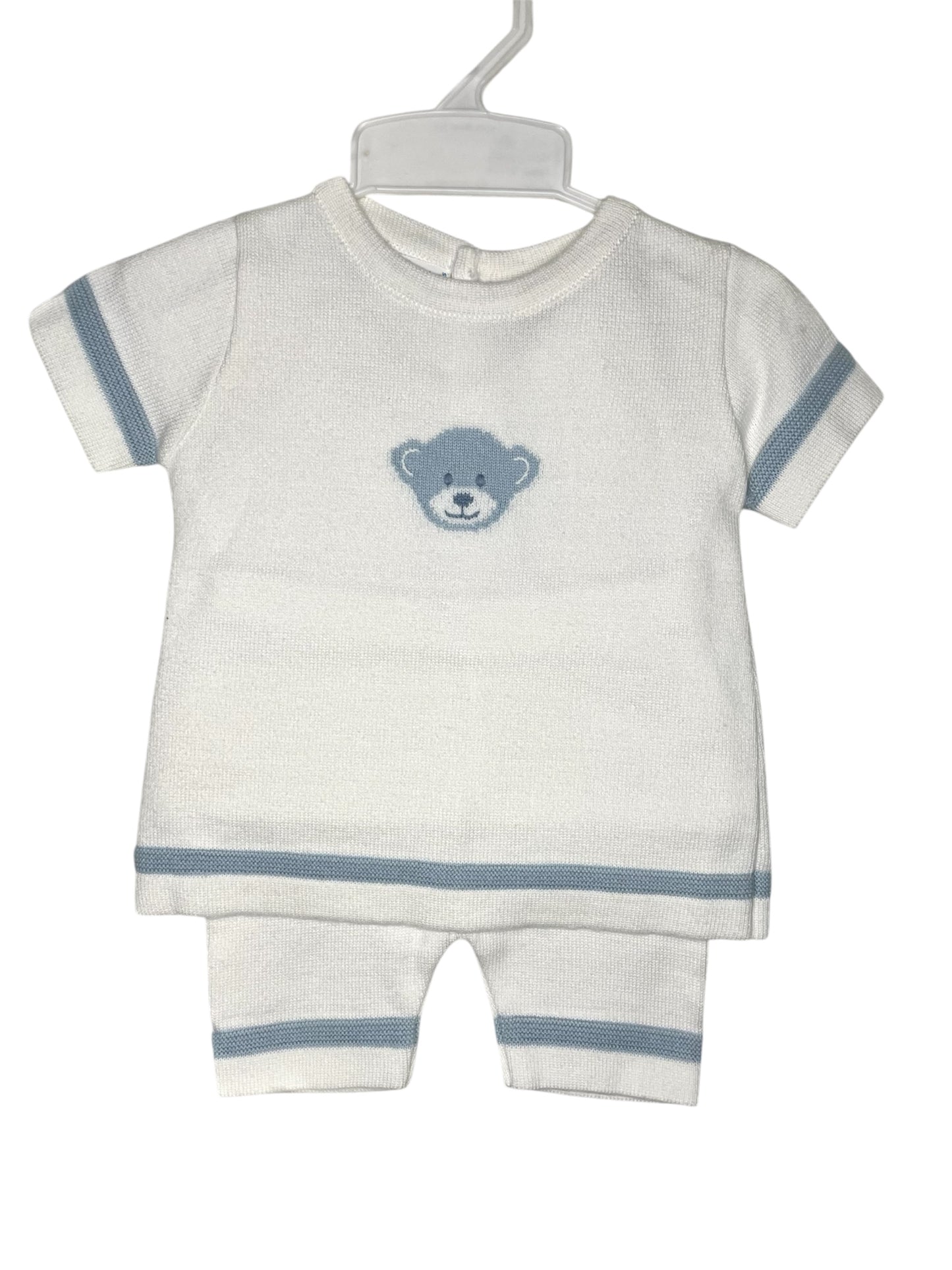 Boys Knit Teddy Bear Set - White w/blue