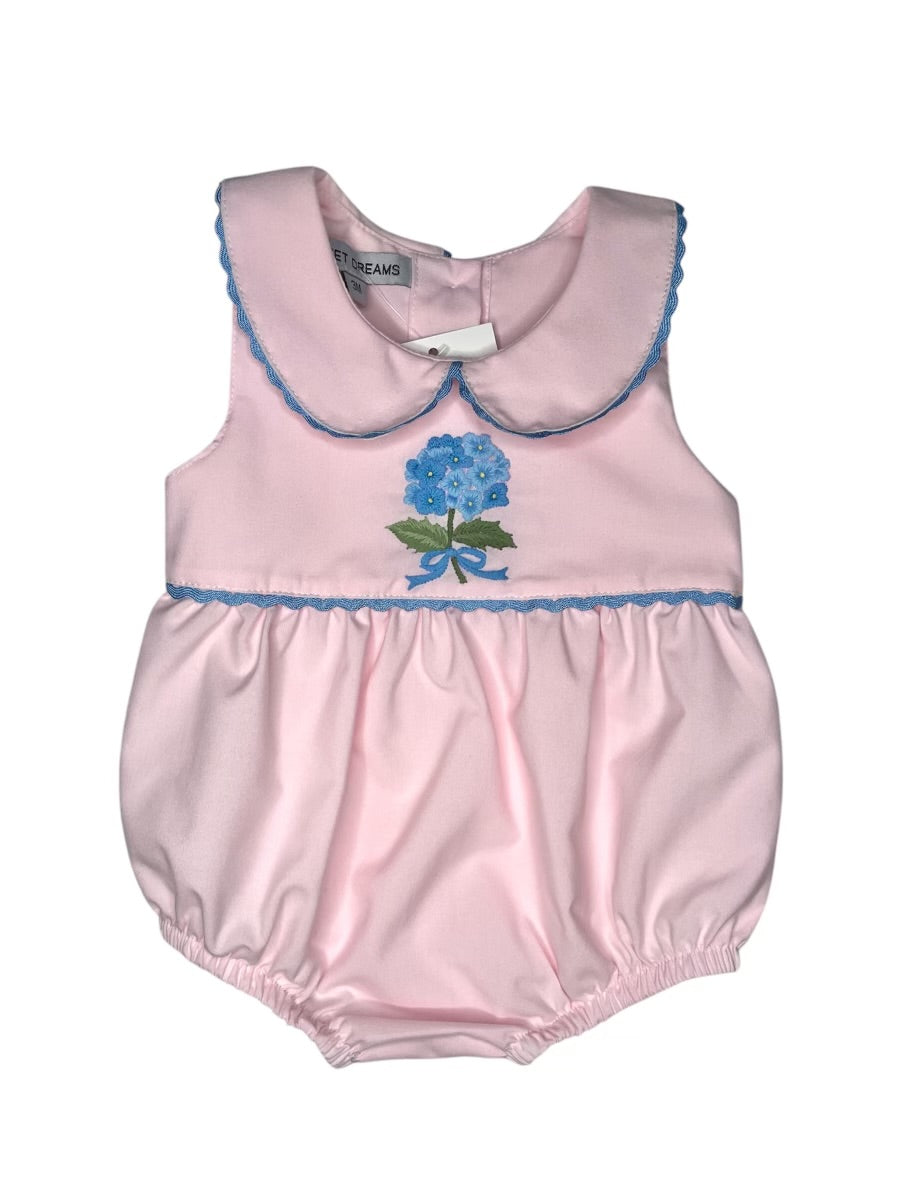 Pink Bubble w/embroidered Blue Hydrangea